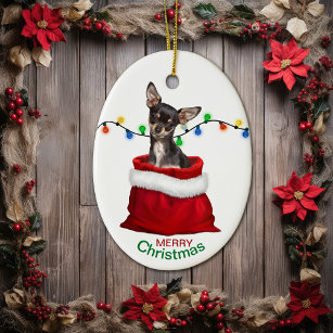 Black Tan Chihuahua Dog in Gift Bag Christmas Ceramic Ornament