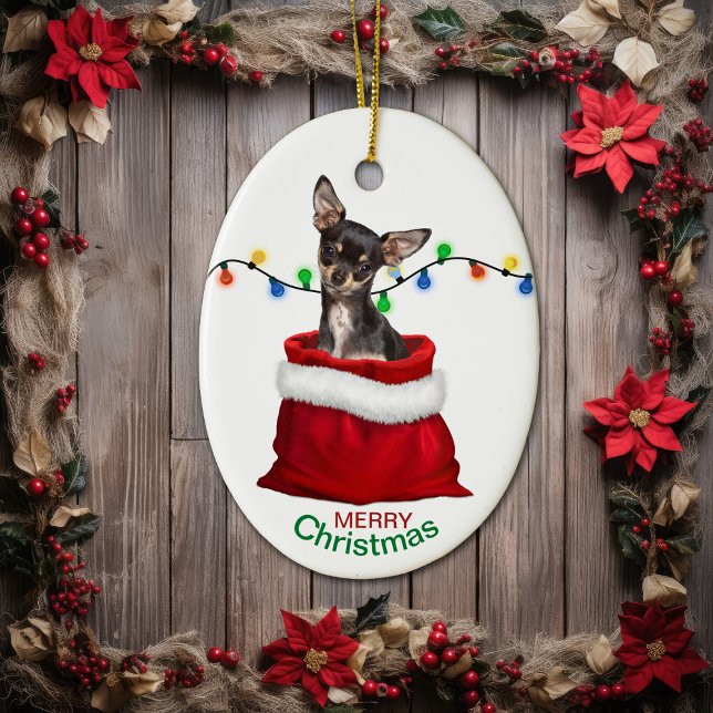 Black Tan Chihuahua Dog in Gift Bag Christmas Ceramic Ornament (Creator Uploaded)