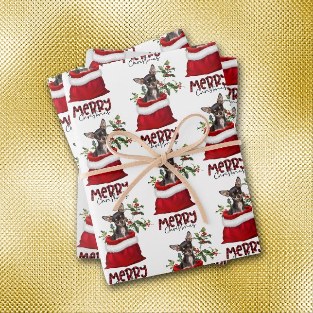 Black Tan Chihuahua Dog in Holiday Gift Bag Wrapping Paper Sheets (Creator Uploaded)