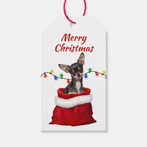 Black Tan Chihuahua Dog in Santa Bag Gift Tags