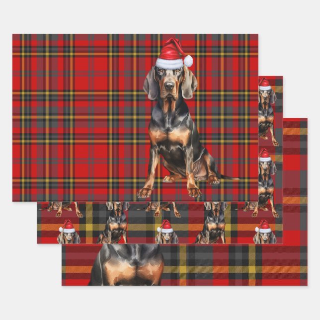 Black Tan Coonhound Christmas Dog Holiday Plaid Wrapping Paper Sheets (Set)