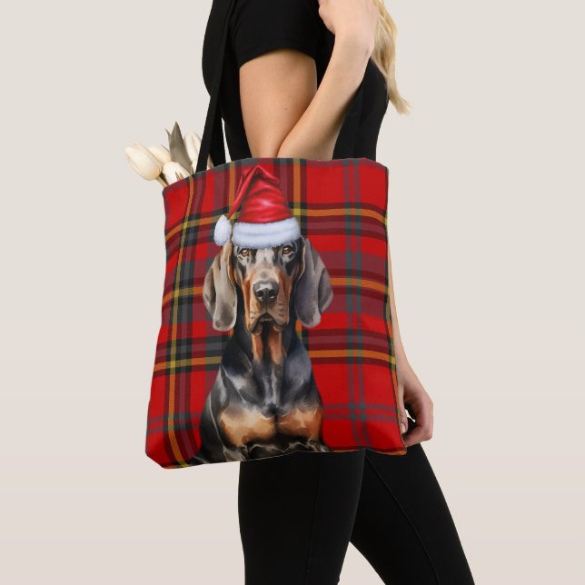 Black Tan Coonhound Christmas Dog Seasonal Plaid Tote Bag (Close Up)