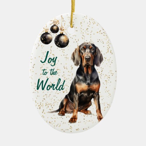 Black Tan Coonhound Dog Joy to the World Christmas Ceramic Ornament