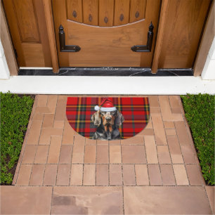 Black Tan Coonhound Dog Red Seasonal Plaid Holiday Doormat
