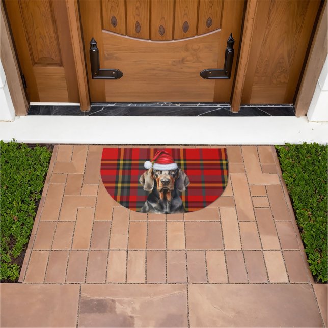 Black Tan Coonhound Dog Red Seasonal Plaid Holiday Doormat (Outdoor)