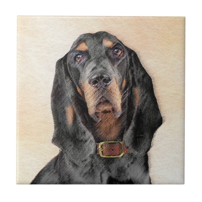 Black & Tan Coonhound Painting - Original Dog Art Ceramic Tile (Front)