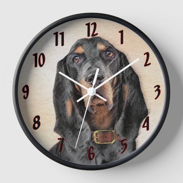 Black & Tan Coonhound Painting - Original Dog Art Clock (Front)