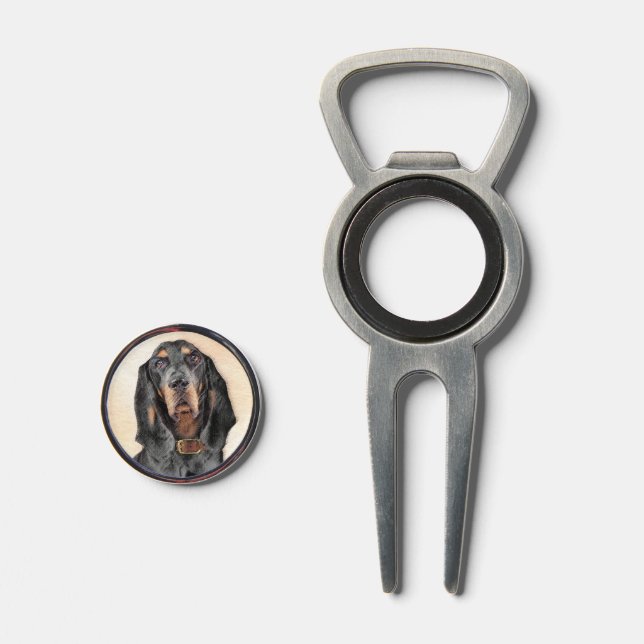 Black & Tan Coonhound Painting - Original Dog Art Divot Tool (Front (Open))