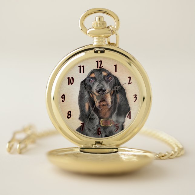 Black & Tan Coonhound Painting - Original Dog Art Pocket Watch (Inside)
