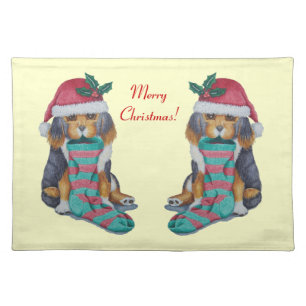 black tan cute puppy dog with stocking christmas cloth placemat