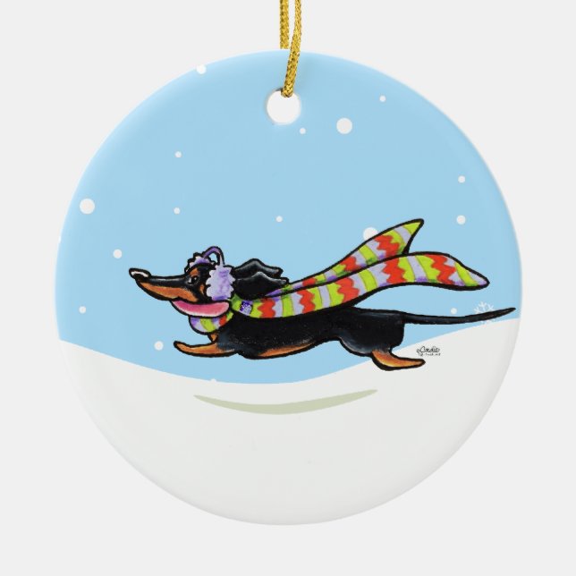 Black Tan Dachshund Cold Run Winter Ceramic Ornament (Front)