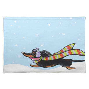 Black Tan Dachshund Cold Run Winter Cloth Placemat