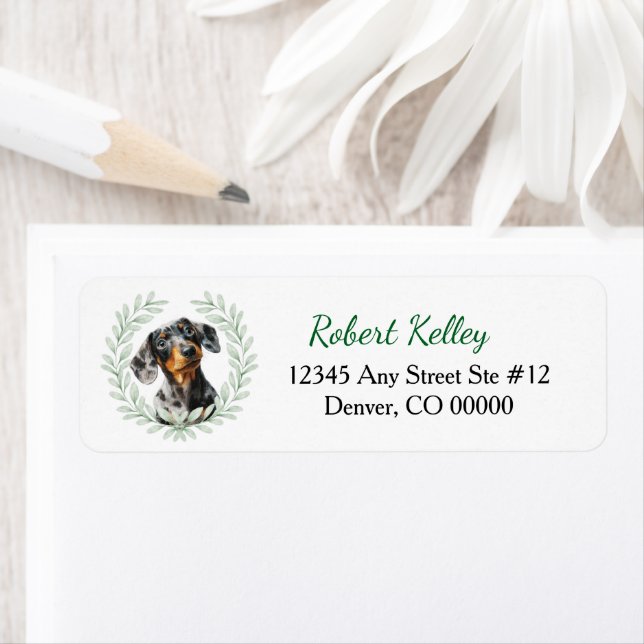 Black Tan Dachshund Dog Eucalyptus Leaf Wreath Label (Insitu)