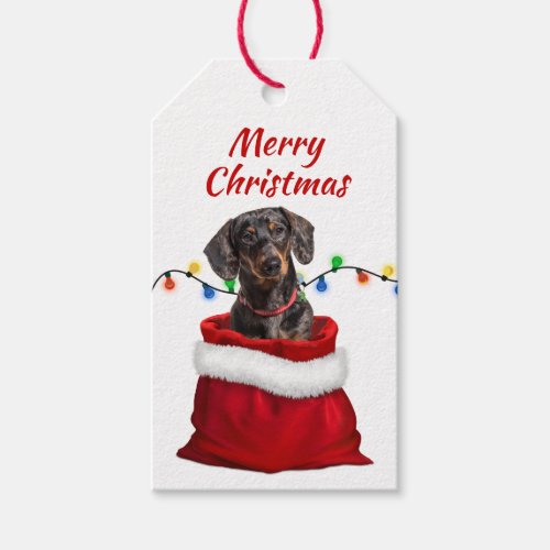 Black Tan Dachshund Dog in Santa Bag Gift Tags