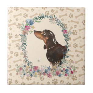 black & Tan Dachshund Dog Paw Print Floral Cute Ceramic Tile
