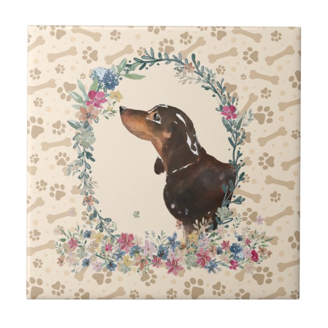 black & Tan Dachshund Dog Paw Print Floral Cute Ceramic Tile (Front)