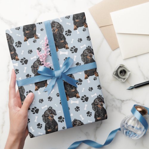 Black Tan Dachshund Dog Paw Print Pattern Wrapping Paper