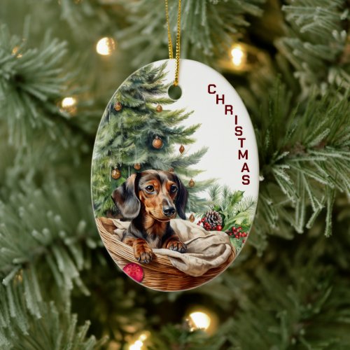 Black Tan Dachshund Dog Wicker Basket Christmas Ceramic Ornament