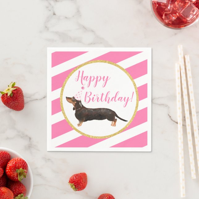 Black Tan Dachshund Pink Girl Birthday Napkins (Insitu)