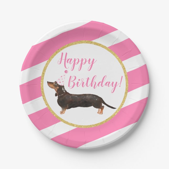 Black Tan Dachshund Pink Girl Birthday Paper Plates (Front)