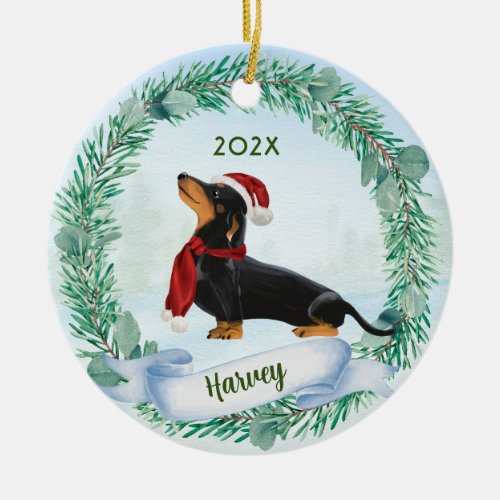 Black  Tan Dachshund Sausage Dog Christmas Wreath Ceramic Ornament