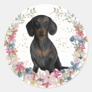 Black Tan Dachshund Spring Flowers Wreath Classic Round Sticker