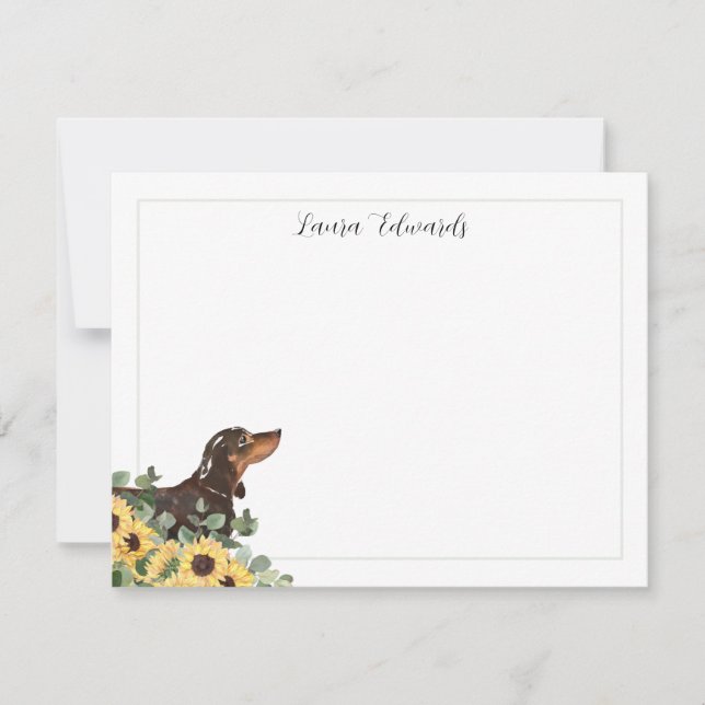 Black Tan Dachshund Sunflower Eucalyptus Note Card (Front)