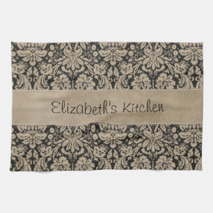 Black Tan Damask Stitched Vellum Kitchen Towel