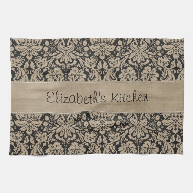 Black Tan Damask Stitched Vellum Kitchen Towel (Horizontal)