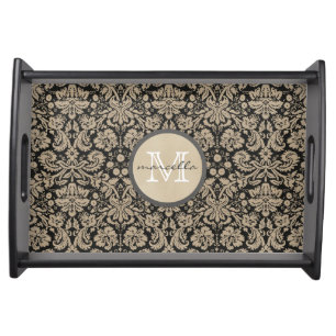 Black Tan Damasks Monogram Serving Tray
