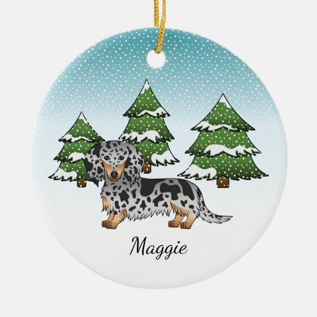 Black & Tan Dapple Long Hair Dachshund In Winter Ceramic Ornament (Front)