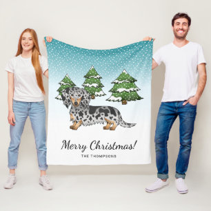 Black & Tan Dapple Long Hair Dachshund In Winter Fleece Blanket