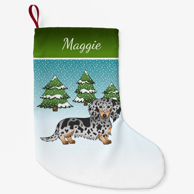 Black & Tan Dapple Long Hair Dachshund In Winter Small Christmas Stocking (Front)