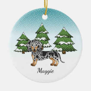 Black & Tan Dapple Short Hair Dachshund In Winter Ceramic Ornament