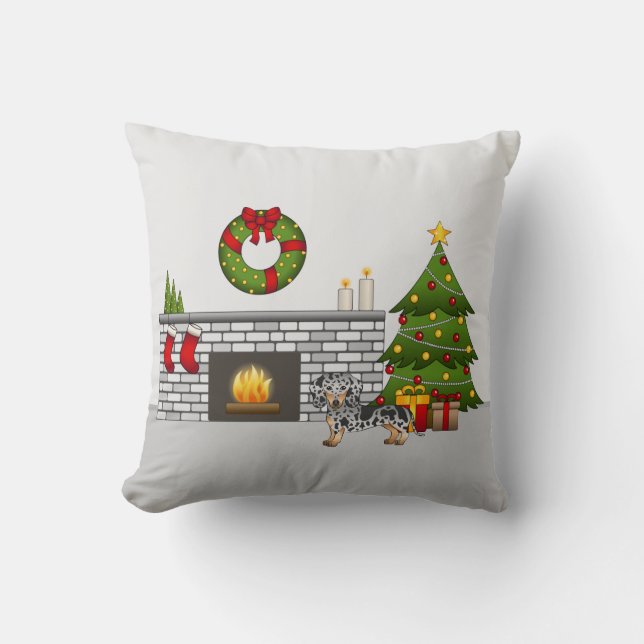 Black & Tan Dapple Smooth Coat Dachshund Christmas Throw Pillow (Front)