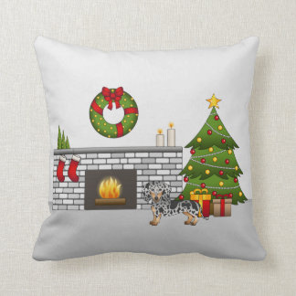 Black &amp; Tan Dapple Smooth Coat Dachshund Christmas Throw Pillow