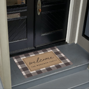 Black & Tan Farmhouse Plaid Personalized Welcome Doormat