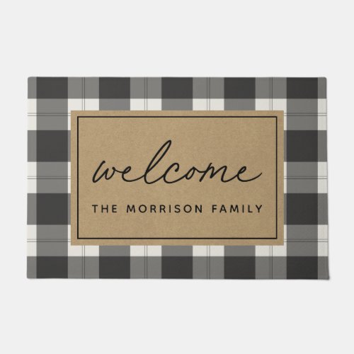Black  Tan Farmhouse Plaid Personalized Welcome Doormat