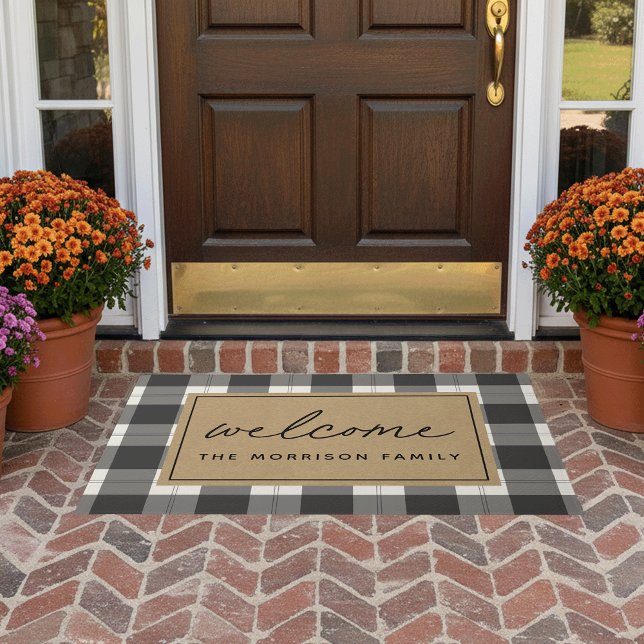 Black & Tan Farmhouse Plaid Personalized Welcome Doormat (Creator Uploaded)
