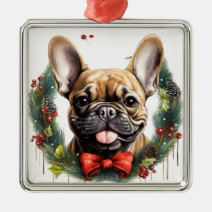 BLACK TAN FRENCH BULLDOG CHRISTMAS WREATH METAL ORNAMENT
