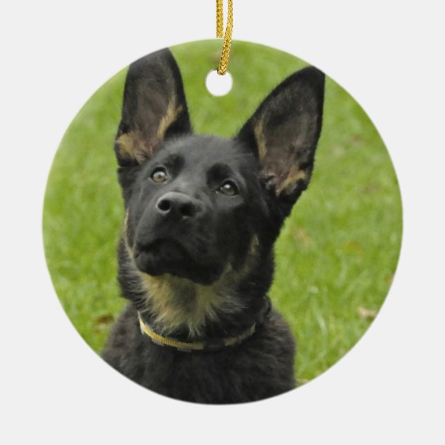 Black & Tan GSD Pup Ceramic Ornament (Front)