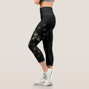 Black & Tan Havanese Cartoon Dog With Paw Prints Capri Leggings