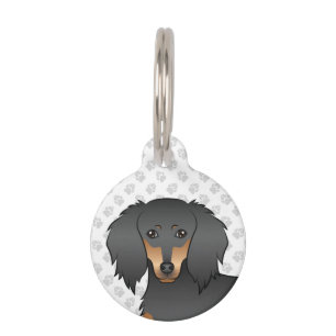 Black & Tan Long Hair Dachshund Cartoon Dog Head Pet ID Tag