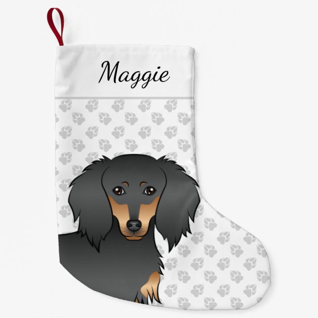 Black & Tan Long Hair Dachshund Cartoon Dog Head Small Christmas Stocking (Front)