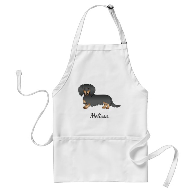 Black & Tan Long Hair Dachshund Cartoon Dog & Name Adult Apron (Front)