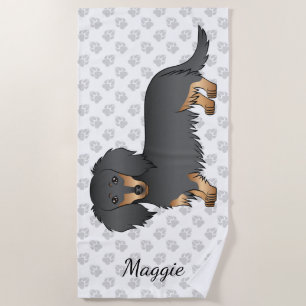 Black & Tan Long Hair Dachshund Cartoon Dog & Name Beach Towel