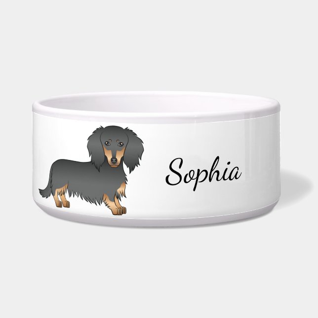 Black & Tan Long Hair Dachshund Cartoon Dog & Name Bowl (Front)