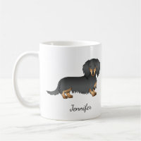 Black & Tan Long Hair Dachshund Cartoon Dog & Name Coffee Mug