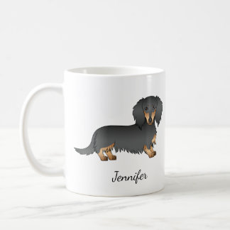 Black &amp; Tan Long Hair Dachshund Cartoon Dog &amp; Name Coffee Mug