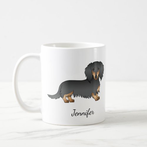 Black  Tan Long Hair Dachshund Cartoon Dog  Name Coffee Mug